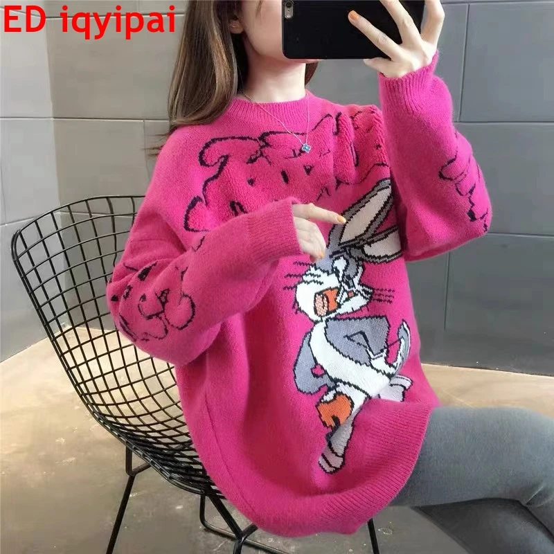 

ED iqyipai Kawaii Wool Pullover Cartoon Anime Rabbit Harajuku Sweater Women Autumn Winter Korean Sweet Loose Outer Wear