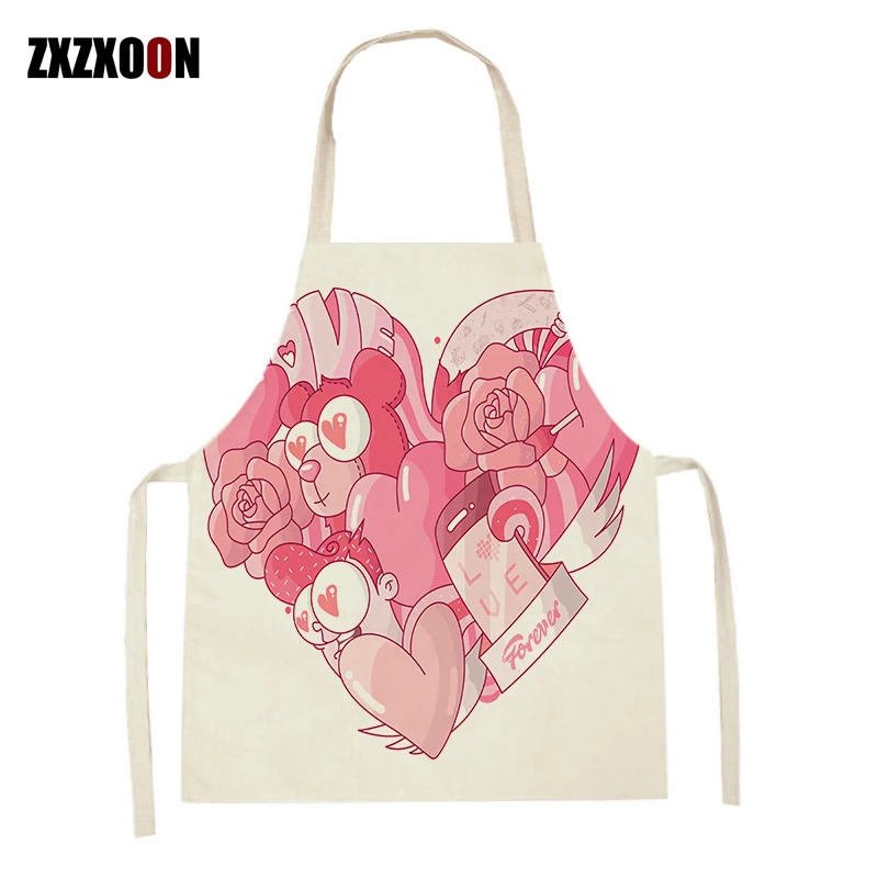 

Happy Valentine's Day Kitchen Apron Couple Household Cleaning Linen Pinafore Home Cooking Baking Waist BIb Delantal Cocina