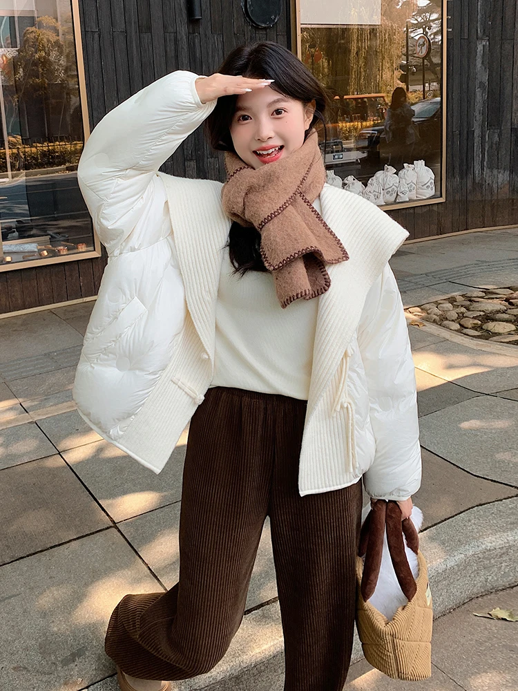 Корейская модная вязаная лоскутная куртка-пуховик с большими лацканами женская