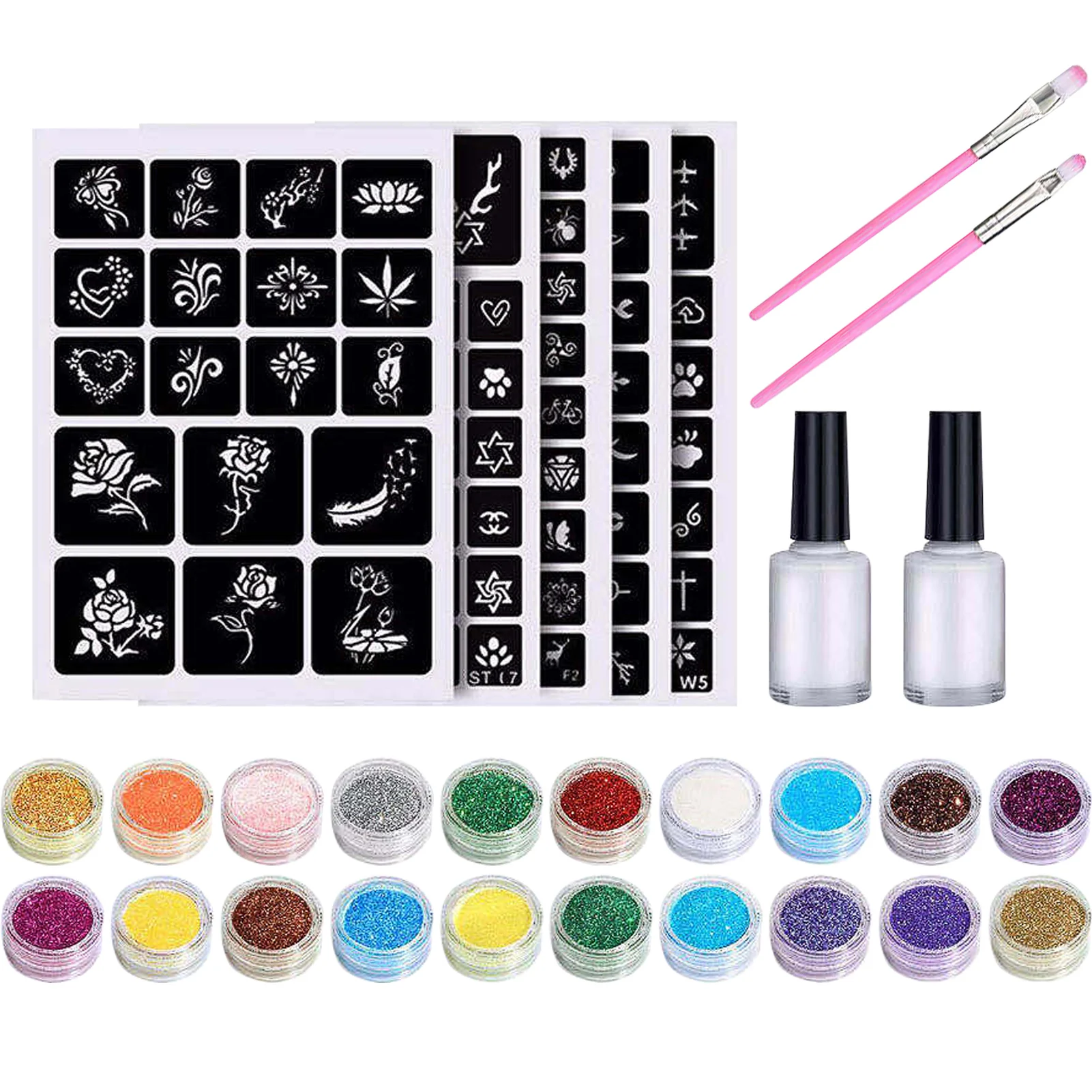 

Tatto Kit for Kids Fake Tattos Kids with 2 Brushes and Glues Temporary Sparkle Tattos 24 Glitter for Kids Festival Party