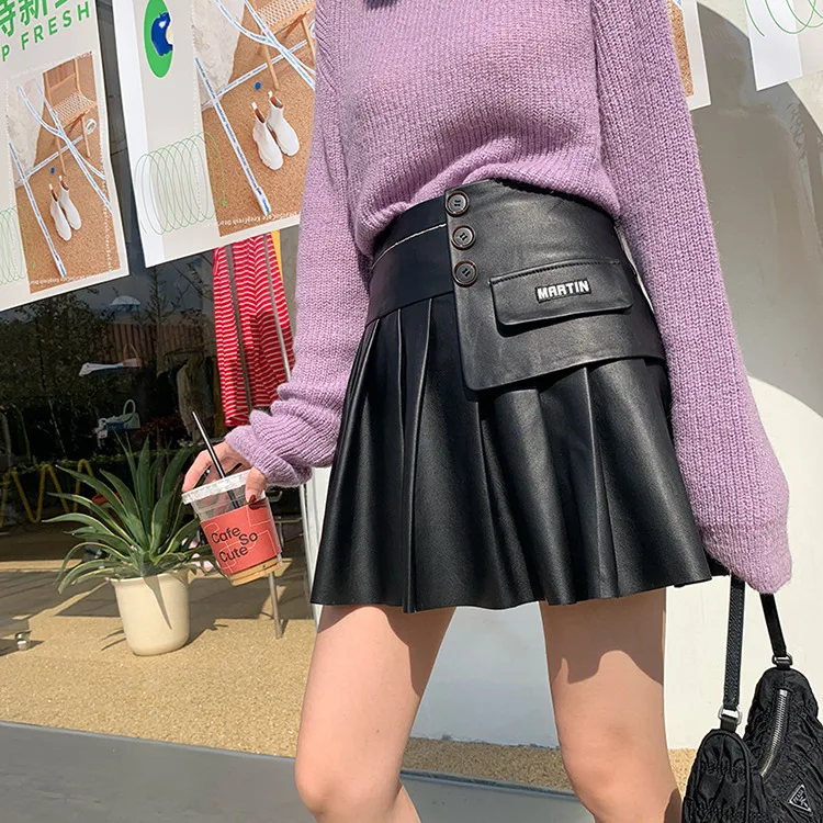2022 Женская Весенняя и осенняя новая кожаная юбка с высокой талией трапециевидная