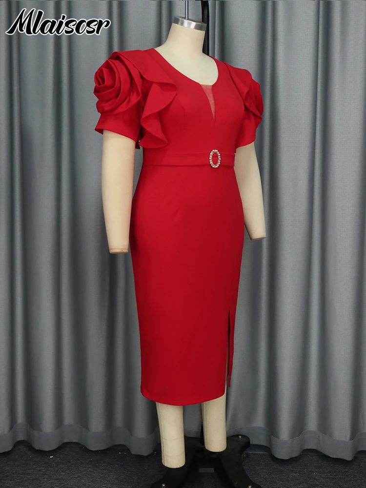 Женское офисное платье миди Mlaiscsr красное с круглым вырезом и оборками коротким