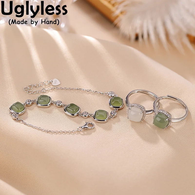 

Uglyless Natural Gemstones Jewelry Sets for Women Hotan Jade Square Bracelets Rings 925 Silver Bangles Crystals Bijoux Geometric