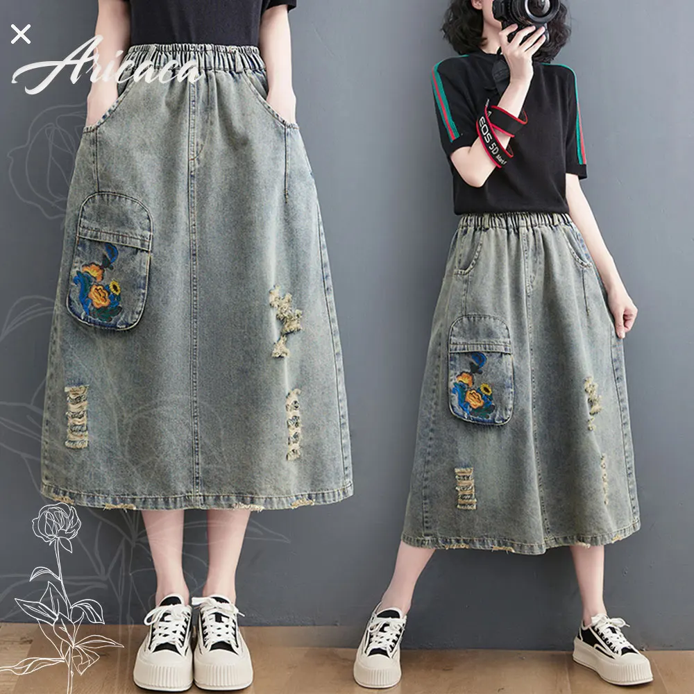 

Aricaca Women Fashion Casaul Long Length Denim Skirt Vintage Embroidery Washed Denim Dress