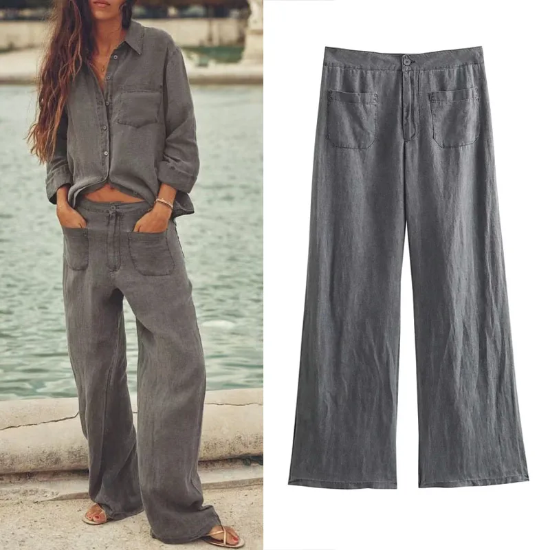 

TRAF 2023 Pocket Women'S Trousers For Women Summer Pant Sets Fashion Mid-Rise Belt Loops Pants Vintage Wide Leg Baggy Pants