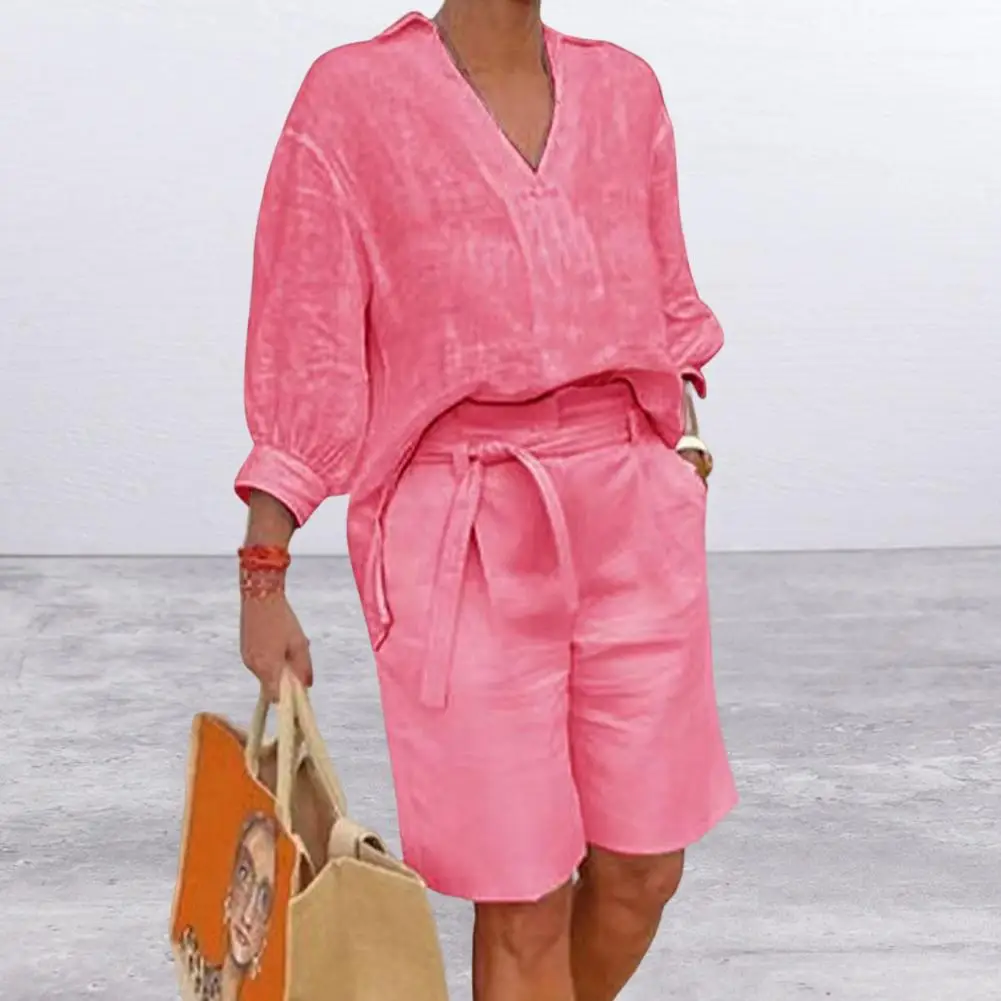 

Women Tops Shorts Set V Neck Belt Loose Pockets Three Quarter Sleeves Anti-pilling Straight T-shirt shorts Suit Women Clothes