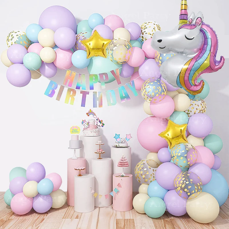 

New Rainbow Unicorn Happy Birthday Balloon Arch Kit Baby First 1st 5th Birthday Girl Boy Party Decorations Kids Macaron Balloons