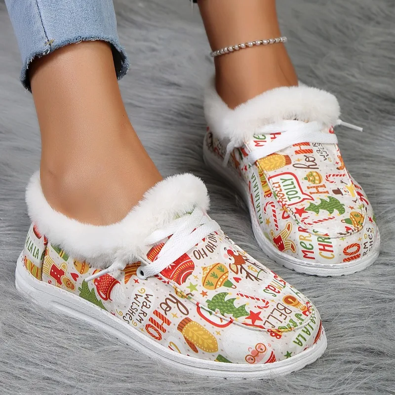 

European and American Winter Lace Up Plush Flat Bottomed Cotton Shoes for Women's Oversized Printed Warm Low Top Snow Boots