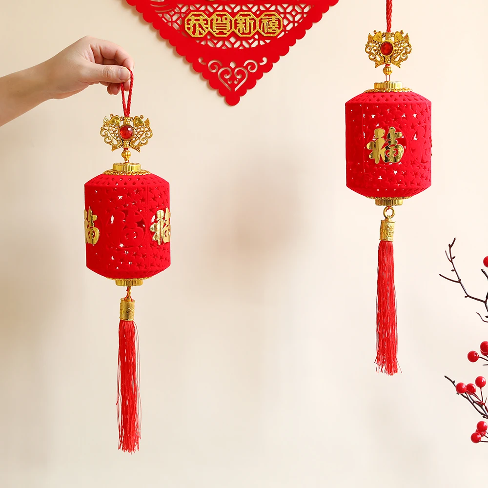 

2pcs Flocking Cloth Red Lantern Chinese New Year Door Hanging Lanterns Spring Festival Pendants Chinese Traditional Home Decor