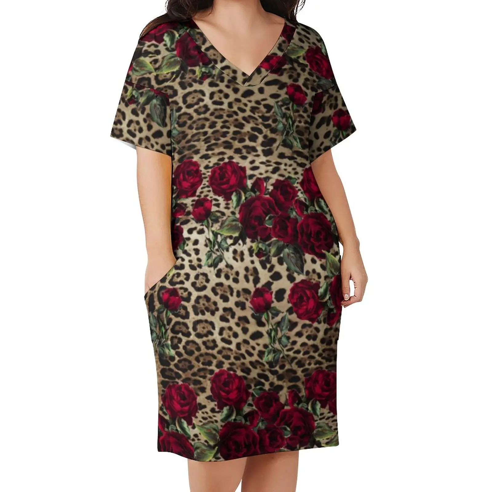 Gold Leopard Casual Dress Woman Red Roses Print Sexy Dresses Summer V Neck Streetwear Graphic Dress Plus Size 4XL 5XL