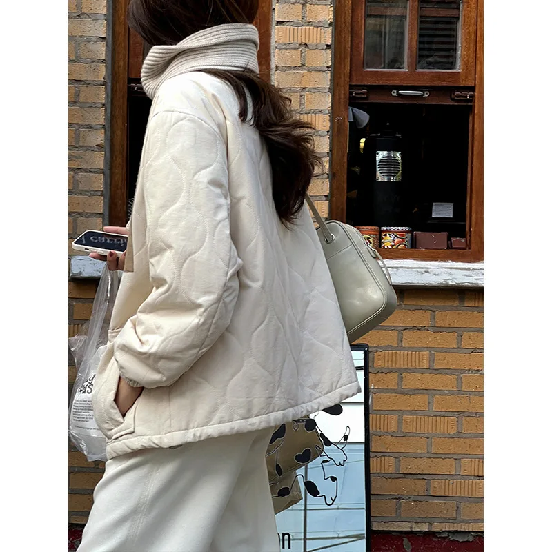 Bump Color Gourd Grain Cotton Women 2022 Autumn Winter New Round Neck Single Breasted Windproof Cotton Jacket