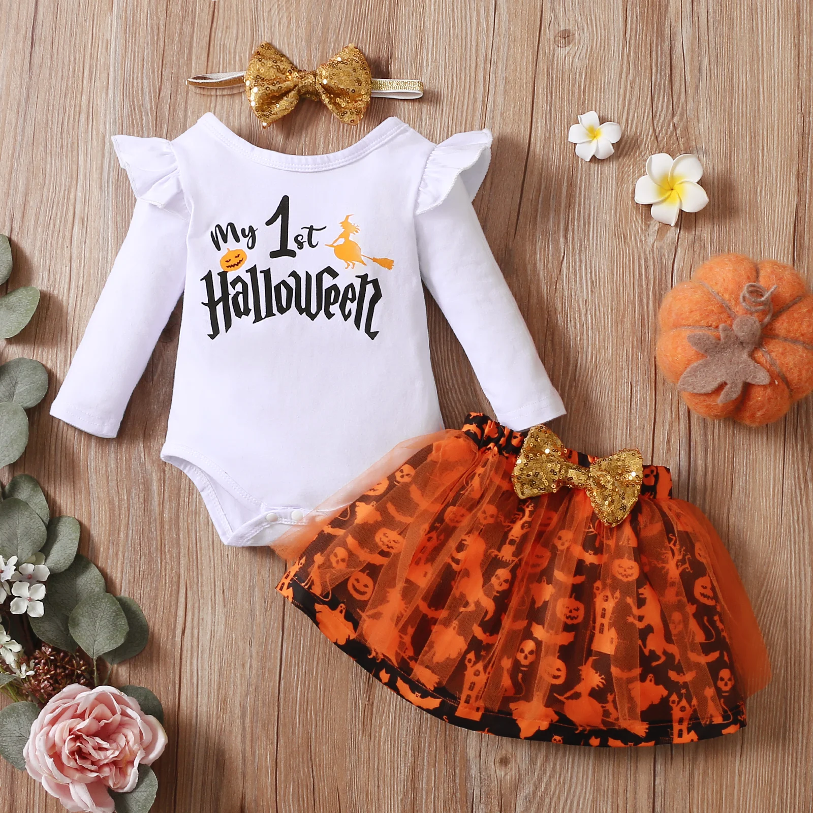 

Baby Girl Halloween Clothes For Newborn Pumpkin Letter Printing Long Sleeve Round Collar Romper Mesh Bubble Skirt Headwear Sets