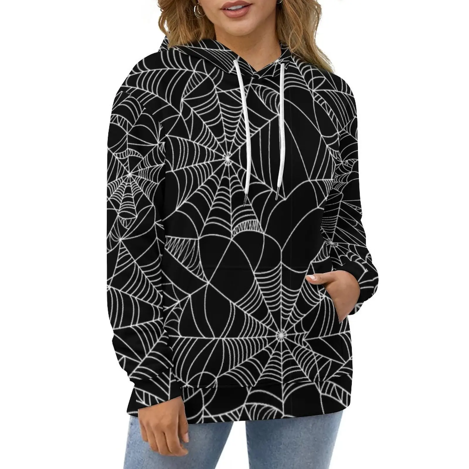 

Fun Halloween Hoodies Long Sleeve Spider Web Print Trendy Casual Pullover Hoodie Winter Street Style Oversized Loose Sweatshirts
