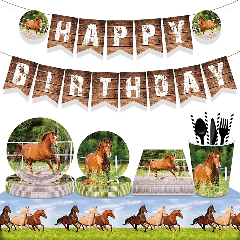 Horse Racing Theme Disposable Tableware Party Paper Plates Balloons Birthday Cowboy Party Boy Farm Baby Shower Decor Supplies images - 6