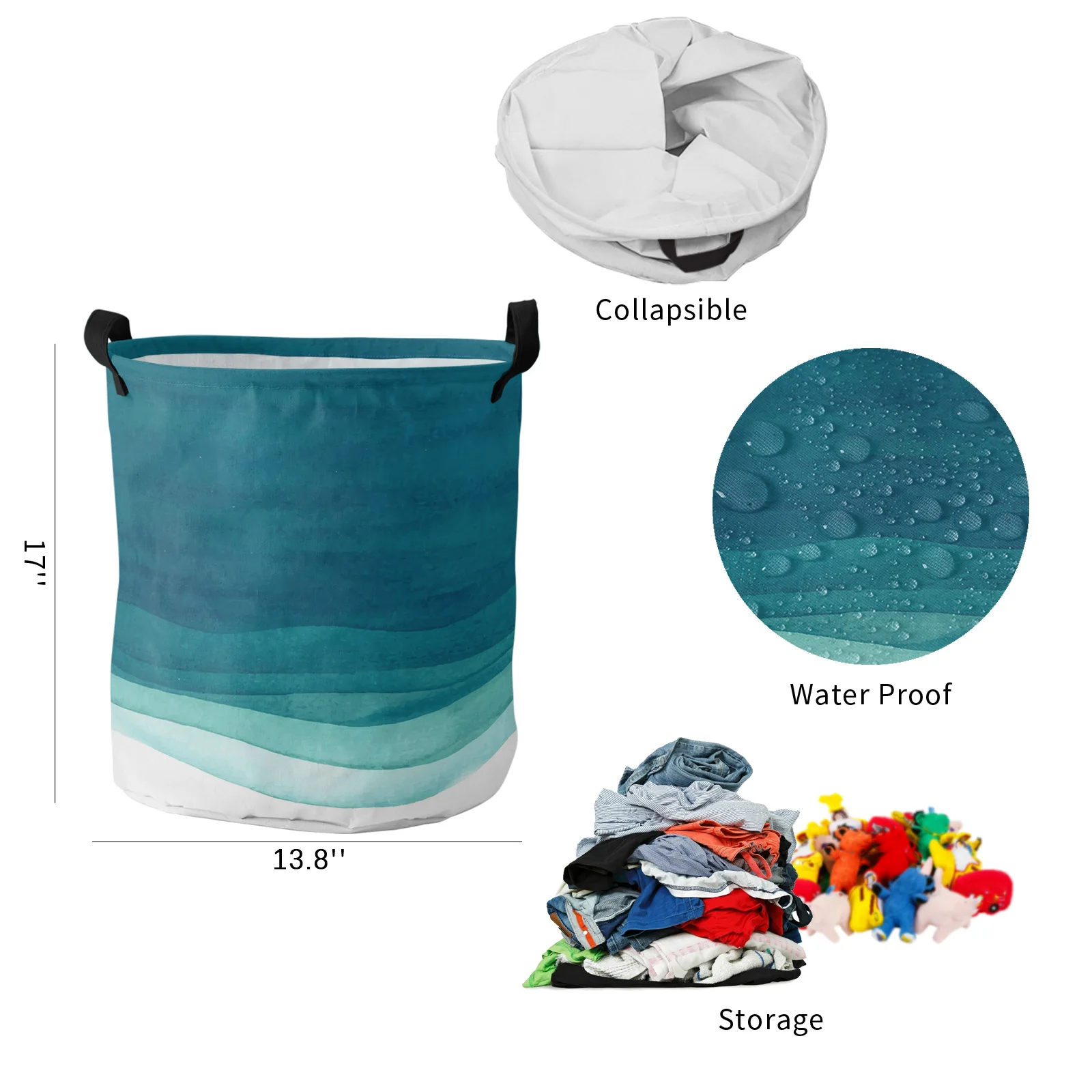 Gradient Blue Watercolor Dirty Laundry Basket Foldable Waterproof Home Organizer Basket Clothing Children Toy Storage Basket images - 6