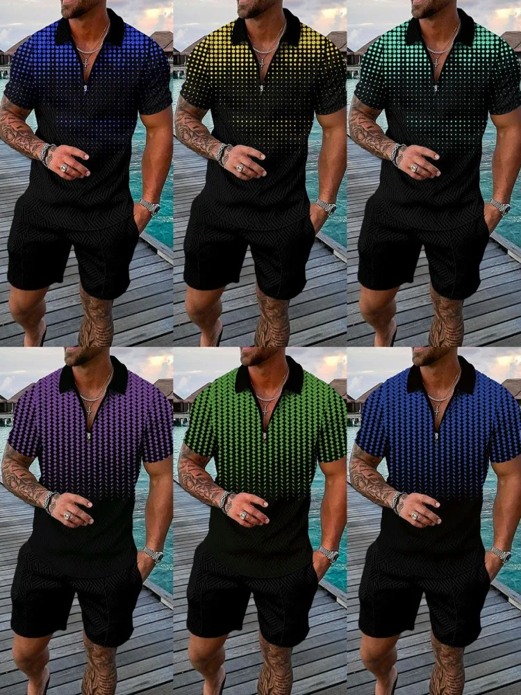 2023 Men's  Short Sleeve Polo Shirt+Beach Shorts Set Men's Summer Daily Beach Shirt Fashion Hawaiian Two-piece S-3XL