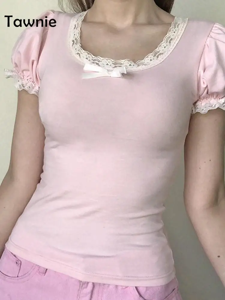 

Женский Кружевной укороченный топ Tawnie Y2K, футболка с коротким рукавом и бантом, Повседневная Базовая футболка с круглым вырезом в стиле Хара...