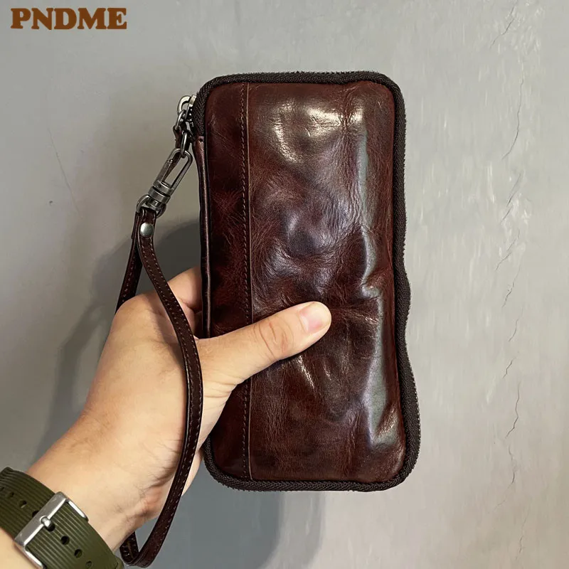 PNDME vintage luxury natural genuine leather men's clutch bag outdoor daily business travel real cowhide pleated phone wallet