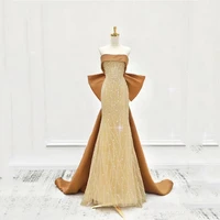 champagne gold celebrity dresses mermaid beading sequined big bow satin train strapless wedding party evening prom gowns new