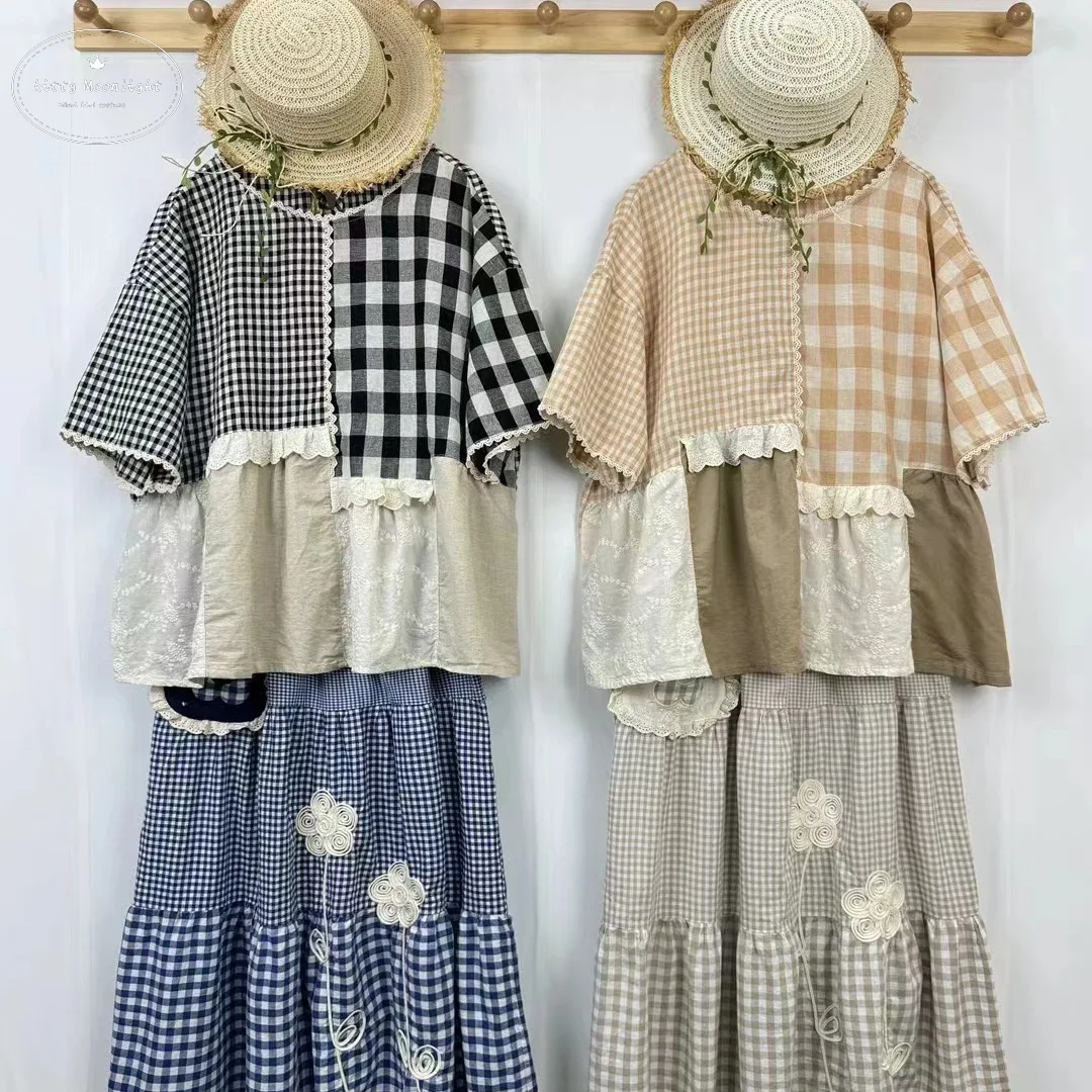 Женская винтажная клетчатая рубашка в стиле пэчворк с вышивкой и кружевом новая