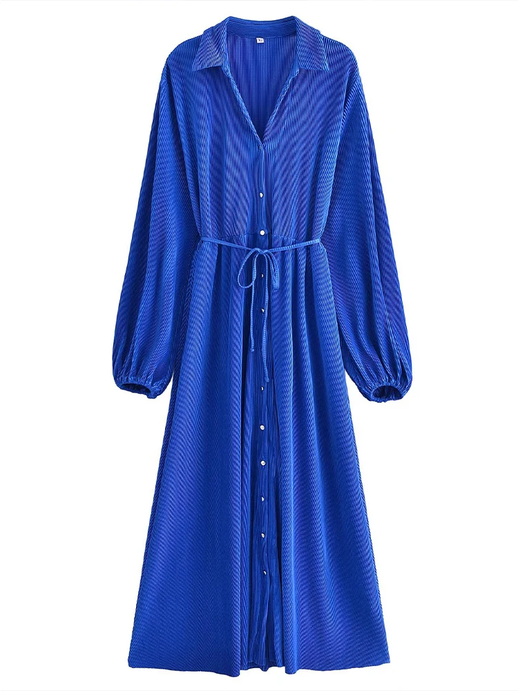 

Элегантное и шикарное, женское однорядное Плиссированное Платье с V-образным вырезом, ремнем и рукавом-фонариком, повседневное платье в сти...