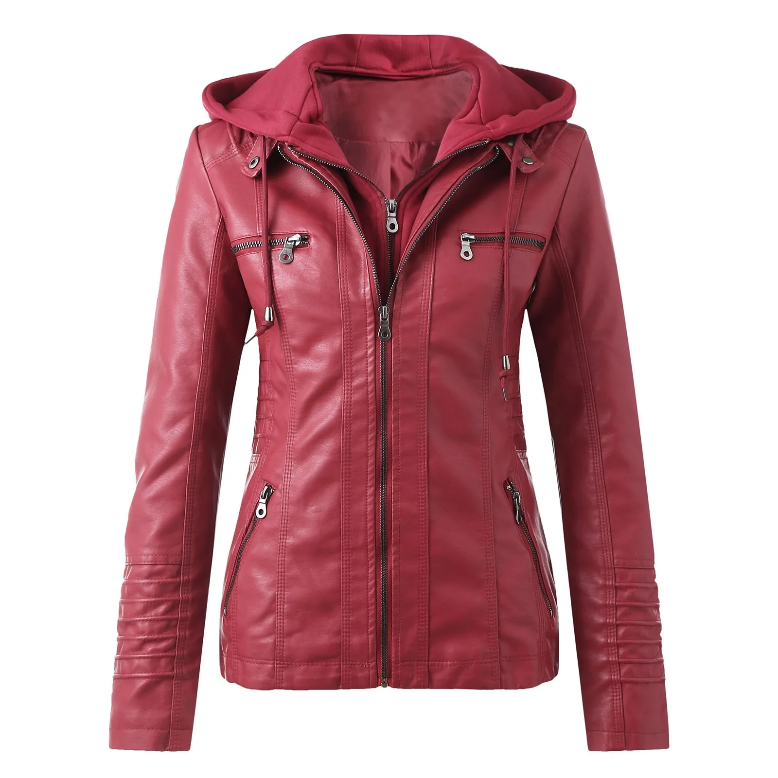 

Long Down Jacket Ladies Leather Slim Zip Belt Tops Stand Collar Jacket Suit Women'S Motorcycle Outwear Coats