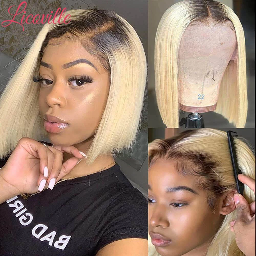 

1B 613 Ombre Blonde Bob Wig Straight Human Hair 13x4 Lace Front Wigs Brazilian Short Blunt Cut Bob Wig For Black Women Licoville