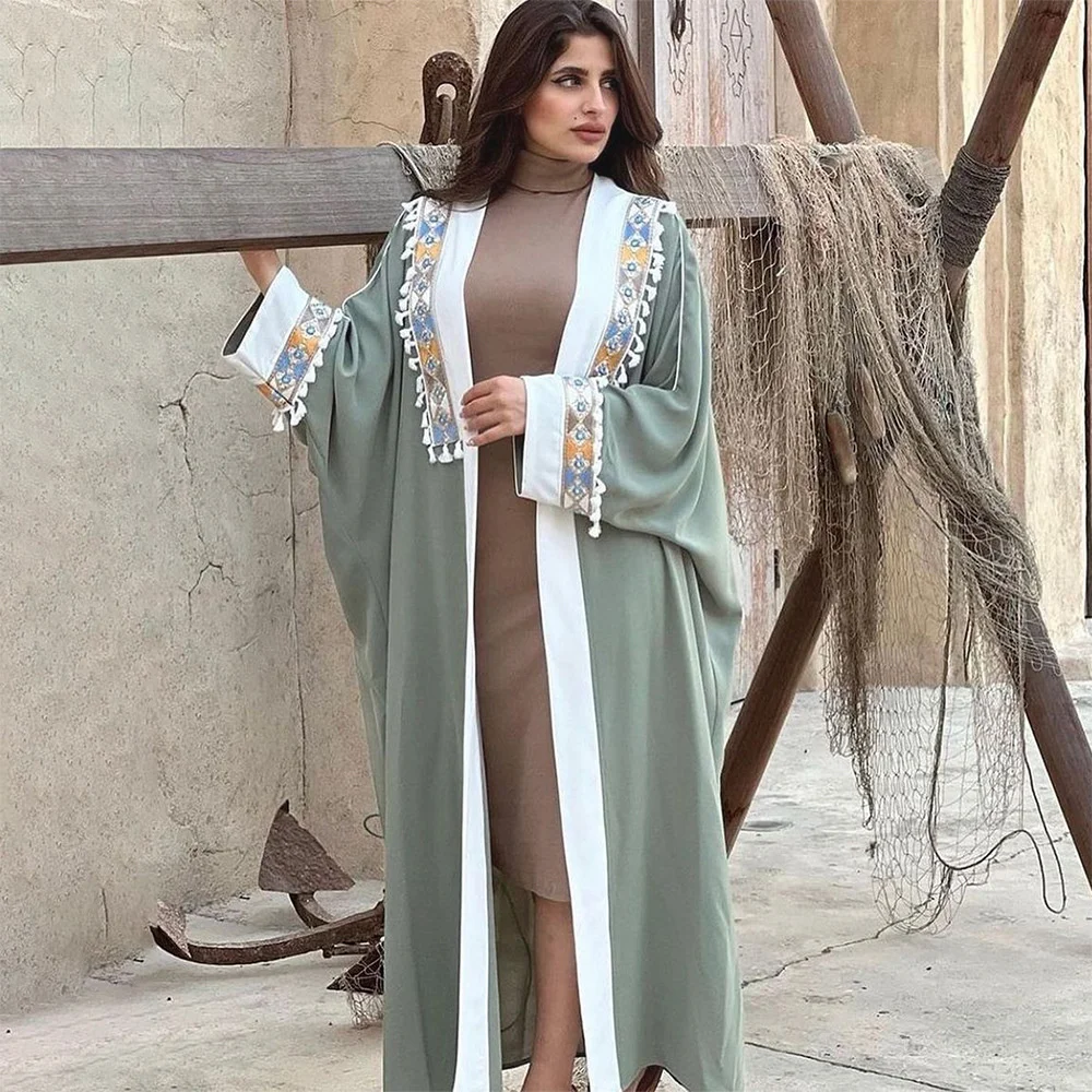 

Muslim Women's Embroidery Piece Tassel Robe Autumn New Style Characteristic Ribbon Tassel Muslim Casual Robe Coat