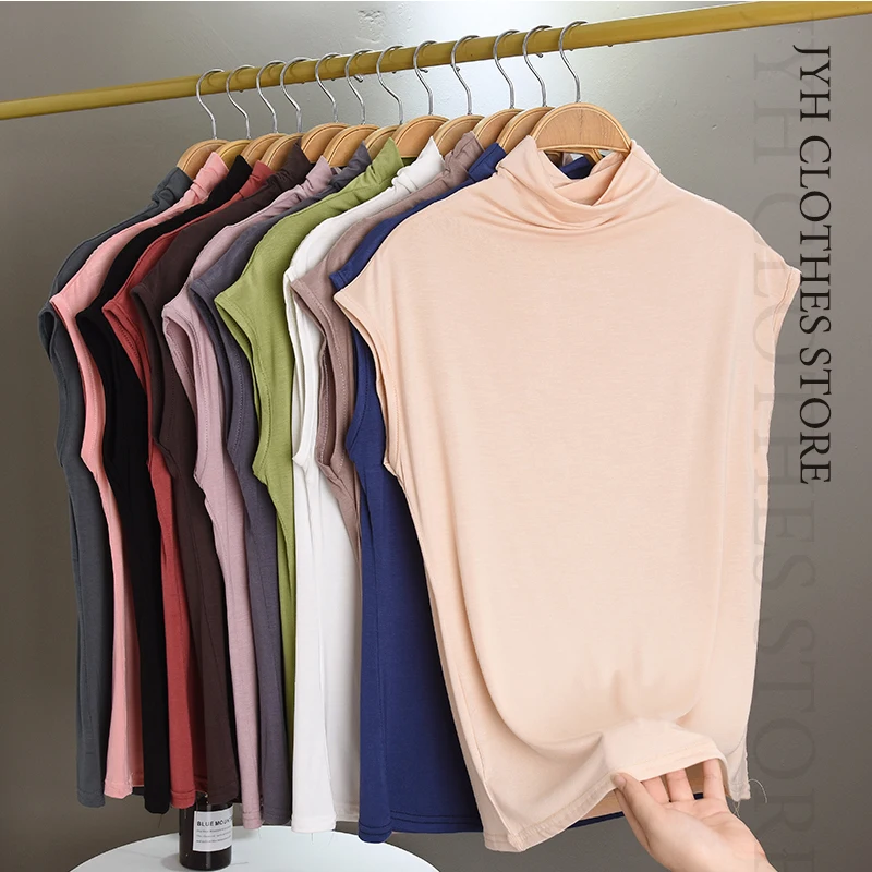 

Women Summer Clothing Modal Cotton Sleeveless Woman's T-shirt High Collar Black White Lady Tops Basic T-shirt Wild Bottom Shirts