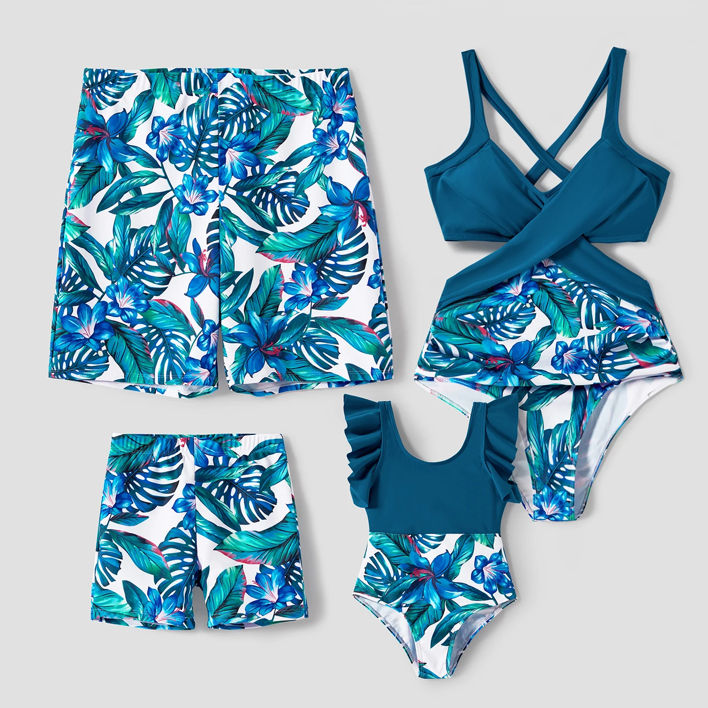 

Семейные комбинированные слитные купальники и шорты PatPat с тропическим растительным принтом