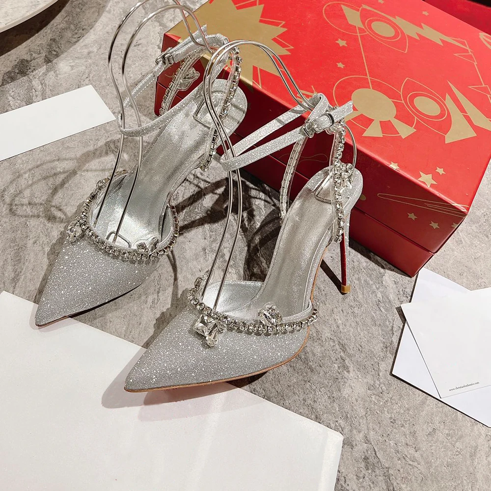 New Luxury Crystal Sandals High Heels Rhinestone Pointed Toe Designer Red Bottom 10cm Stiletto Thin Heel Wedding Party Dress