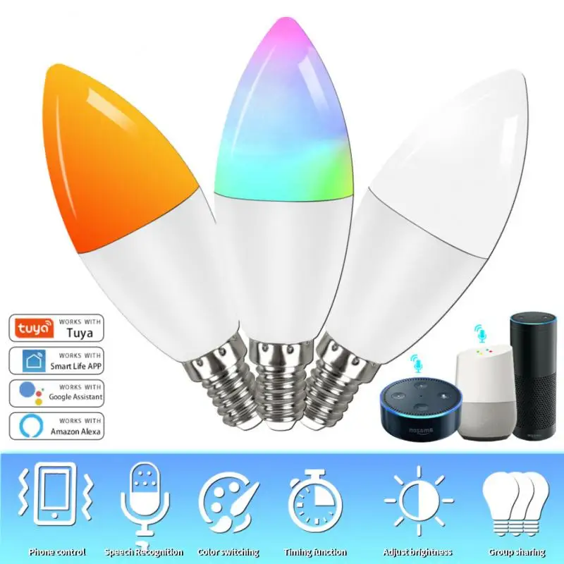 

E14 LED Bulb Candle Color Indoor Neon Sign Lamp RGB+CW Lighting 5W/7W/9W AC85-265V Dimmable Smart Bulb Voice Control For Alexa