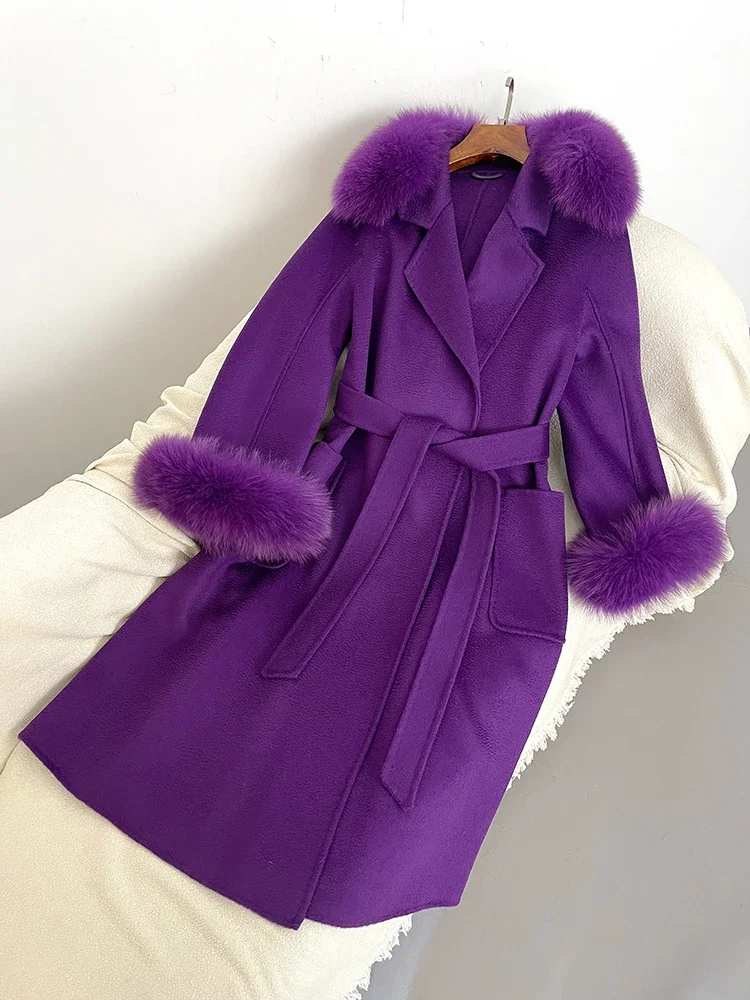 Женское шерстяное пальто с натуральным лисьим мехом элегантная свободная