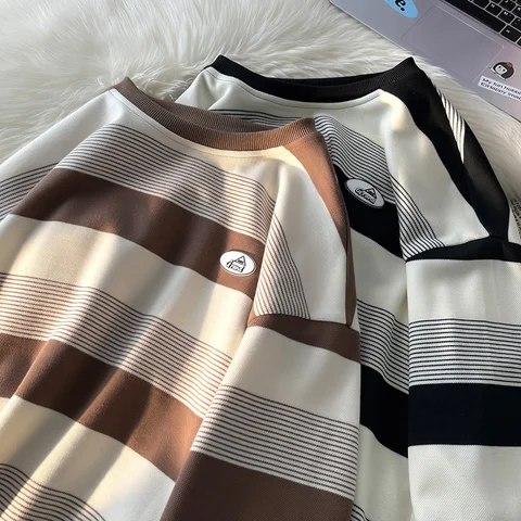 Hybskr Women Sweatshirt Stripe Oversized Spring Casual  Female Round Neck Hoodies Korean Style Fashion Unisex 5XL Pullovers