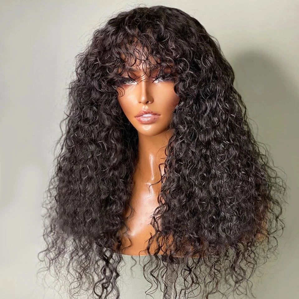 Peruca sem Cola Perucas de Cabelo Humano para Mulher Pré-arrancado com Franja Onda Profunda Nenhum Laço Frente Encaracolado Peruca Máquina Cheia Barato