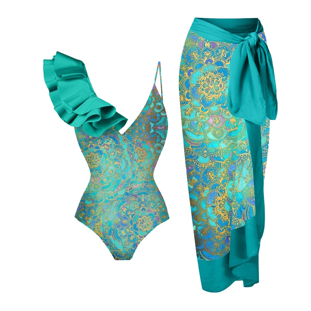 

Color Printed Fashion Sling Swimsuit Lotus Leaf Three-Dimensional Design Chic 2023 Women's Swimsuit Irregular Straps Cover Up