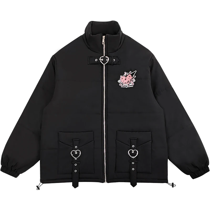 Black Long Sleeve Straight Cotton-Padded Coat Stand Collar Coat Thickened Winter Buckle Loose Street Design All-Matching Parkas