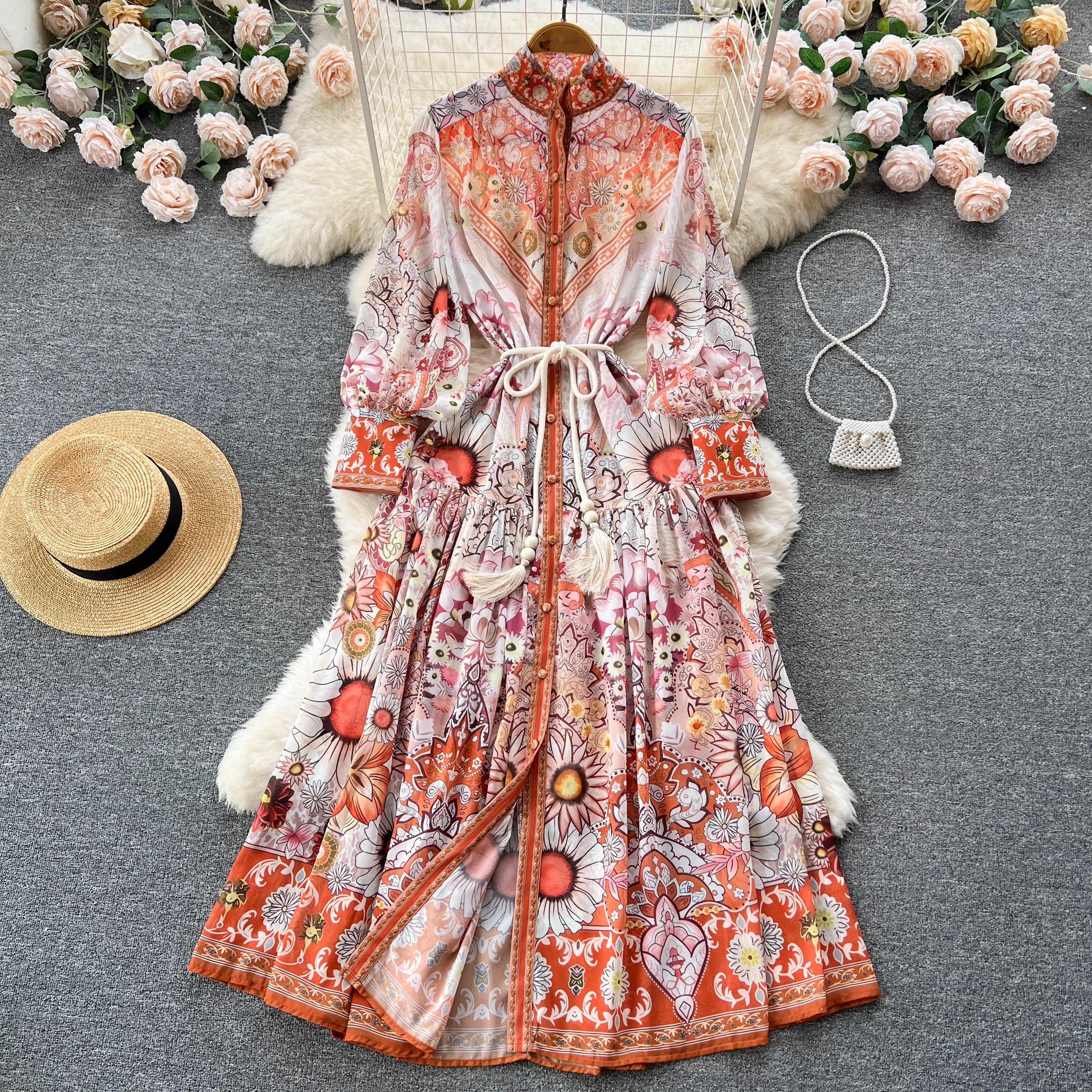 

Осеннее новое ретро платье с воротником-стойкой и длинным рукавом с принтом