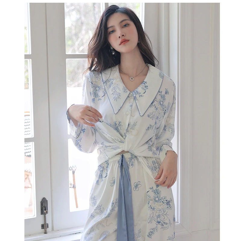 Pajamas for Women's Spring and Summer Thin Cool Feeling Home Service Suit with Turn-over Collar Breathable and Casual Sleepwear