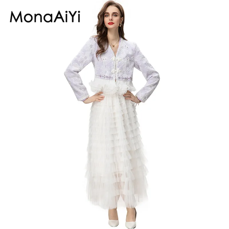 Женский костюм с вышивкой MonaAiYi дизайнерский фиолетовый топ V-образным вырезом