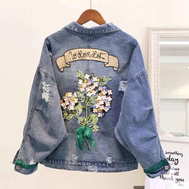 

2022 New Spring Autumn Women Denim Jacket Coat Korean Embroidered Denim Short Jacket Women's Loose Long-sleeve BF Jacket Tops