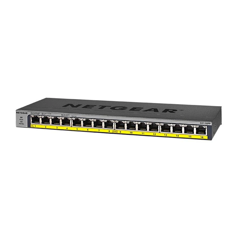 

16-портовый гигабитный Ethernet-коммутатор NETGEAR GS116PP, высокомощный неуправляемый PoE + с FlexPoE (183 Вт)