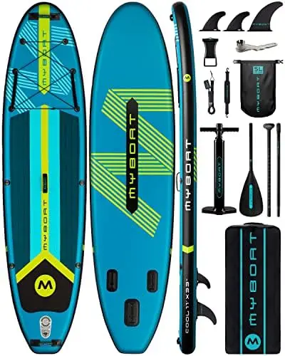 

Extra Wide Inflatable Paddle Board, Stand Up Paddle Board, Sup Board with Safety Handles, 3 Removable Fins, Backpack, Hand , Str