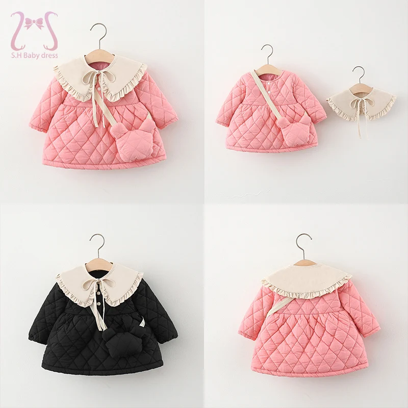 

3pcs/Set Winter Baby Girl Princess Dress Newborn Lapel Plush Thicken Children Clothes Toddler Long Sleeve Kids Costume + Bag
