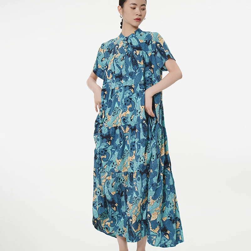 Johnature Bohemian Short Sleeve Cake Dresses Summer 2023 New Women Casual Fashion Print Comfortable Loose Dresses
