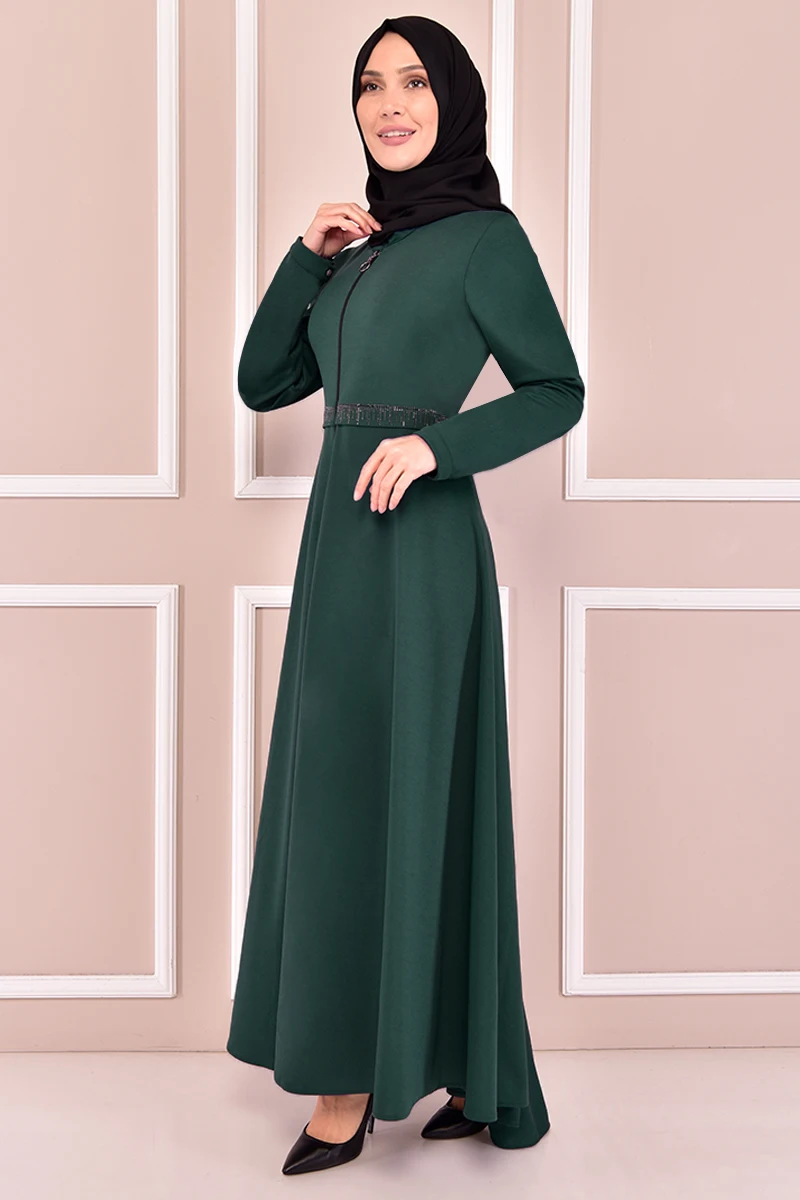

Zipper Ferace Emerald Muslim Woman Outfit İslamic Woman Abaya Dress Muslim Tops Turkey Store Muslim Hijab Dress KBR21347