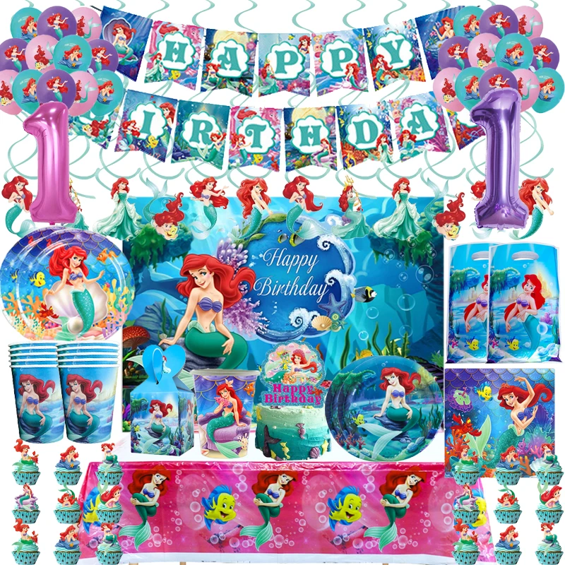 

Cartoon Little Mermaid Birthday Party Decoration Ariel Party Supplies Plates Cups Napkins Balloon Festival Tableware Supplies