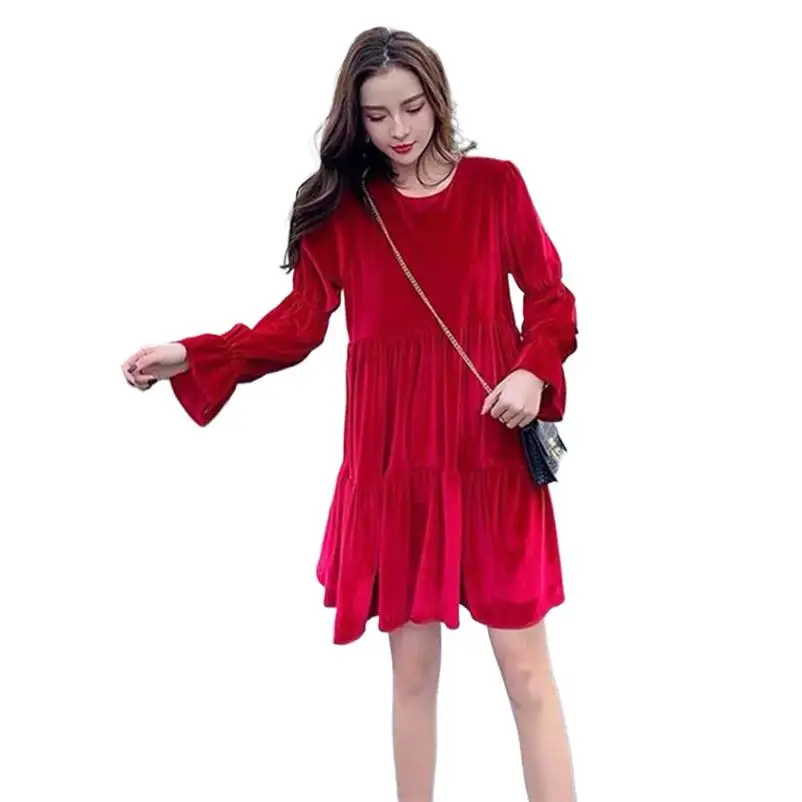 

Осеннее женское бархатное платье с длинным Расклешенным рукавом, зимнее повседневное свободное винтажное мини-платье с оборками, женские облегающие вечерние платья