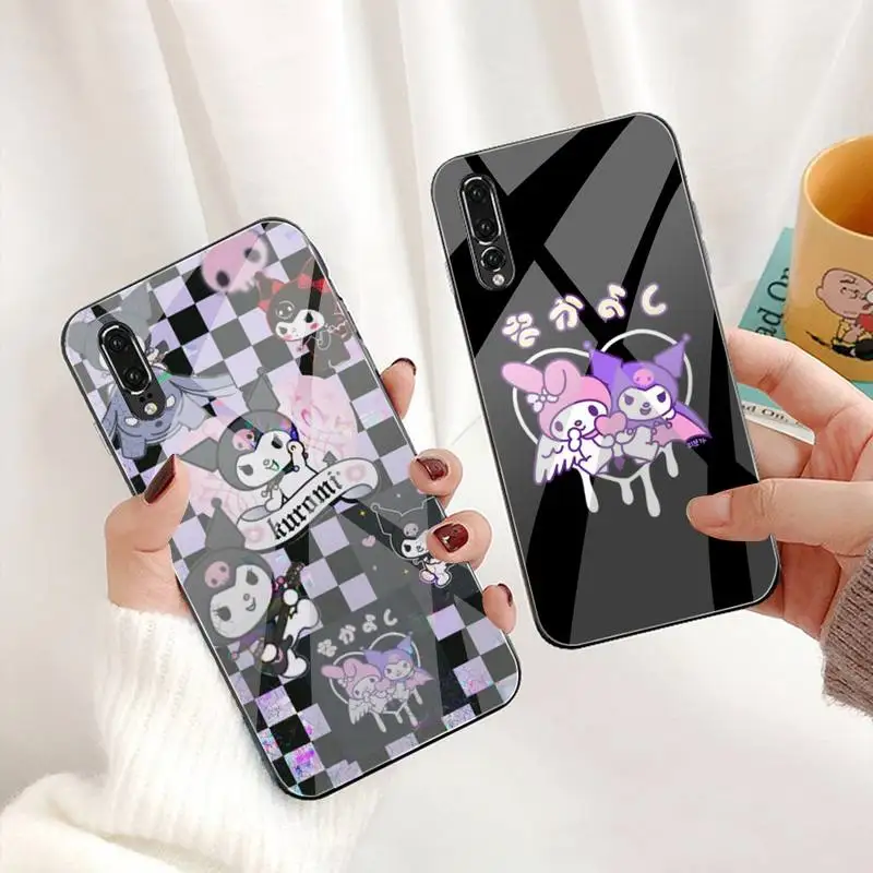 

Cute Cartoon Kuromi Rabbit Phone Case Tempered Glass For Huawei P30 P20 P10 lite honor 7A 8X 9 10 mate 20 Pro