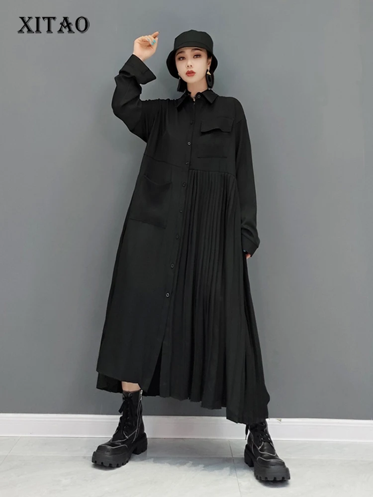 

XITAO ассиметричное Плиссированное Платье-рубашка, модное свободное однотонное комбинированное повседневное простое платье с отложным воротником, новинка 2021, ZY6530